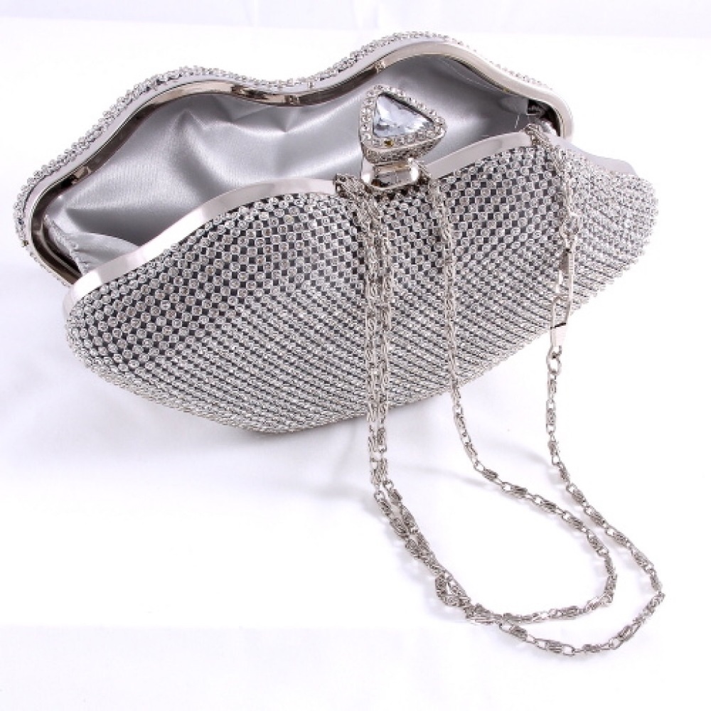 Large Silver Rhinestone Lip Clutch - Picture 2 of 2